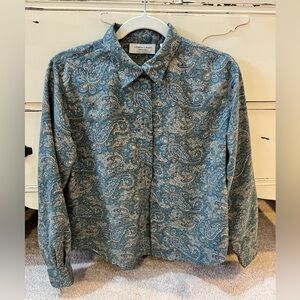 Lemon Grass Vintage Blue Paisley Long-Sleeve Button Up Size Petite Medium